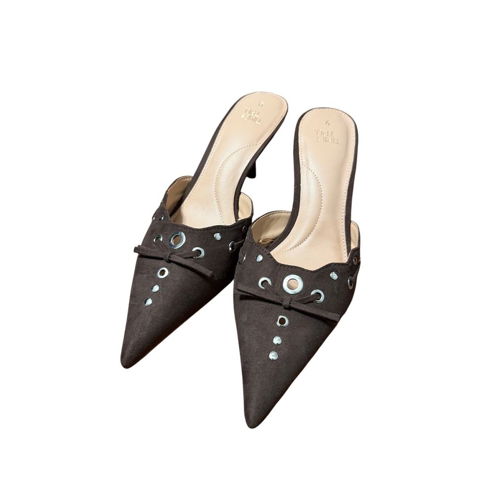 Time and Tru Brown Grommet Studded Kitten Heel Mules Size 9